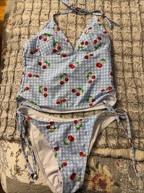 Light Blue Gingham Cherry Two-Piece Swimsuit